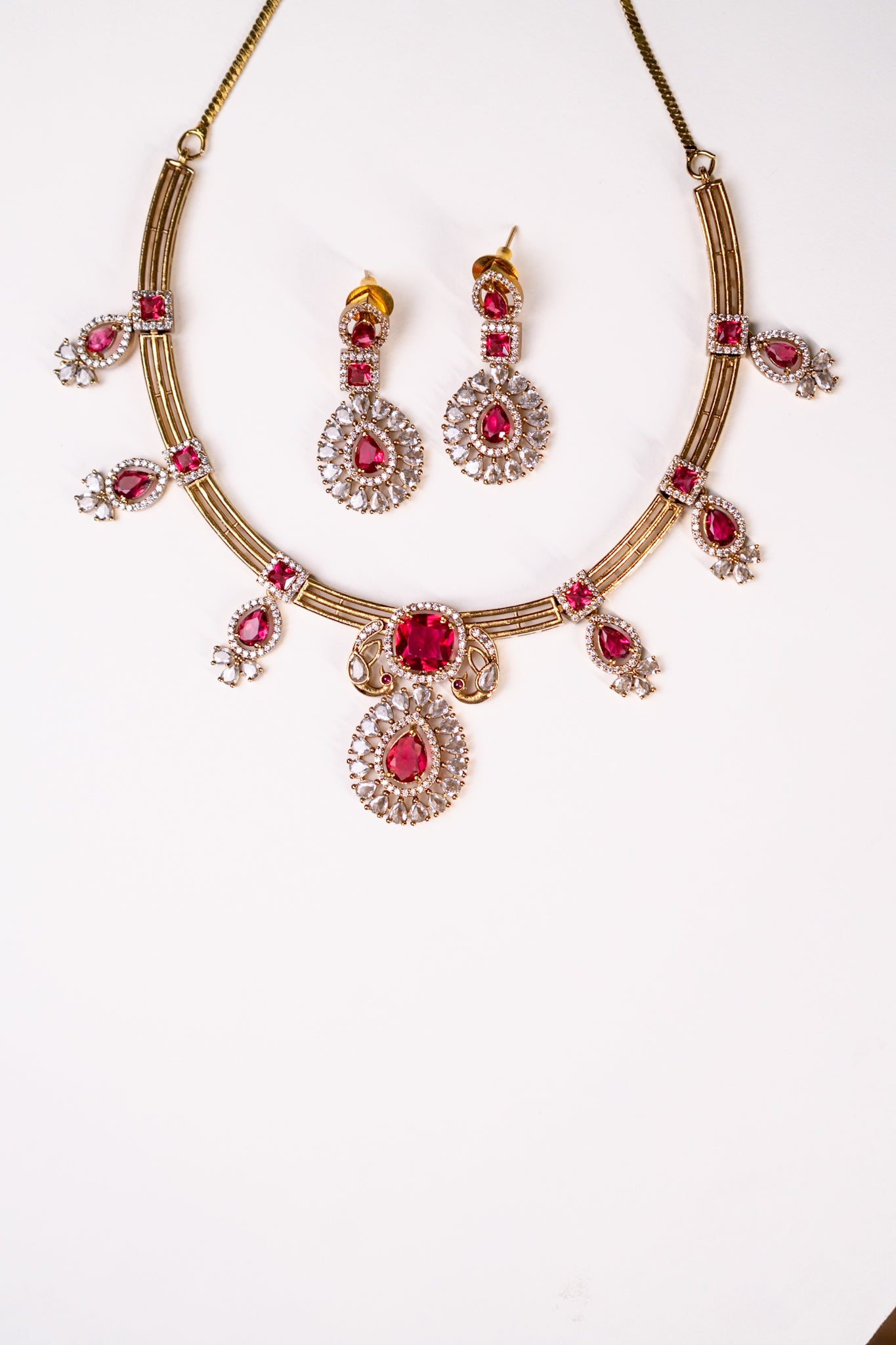 Red Stone Gold Plated Hasli Necklace with Earrings