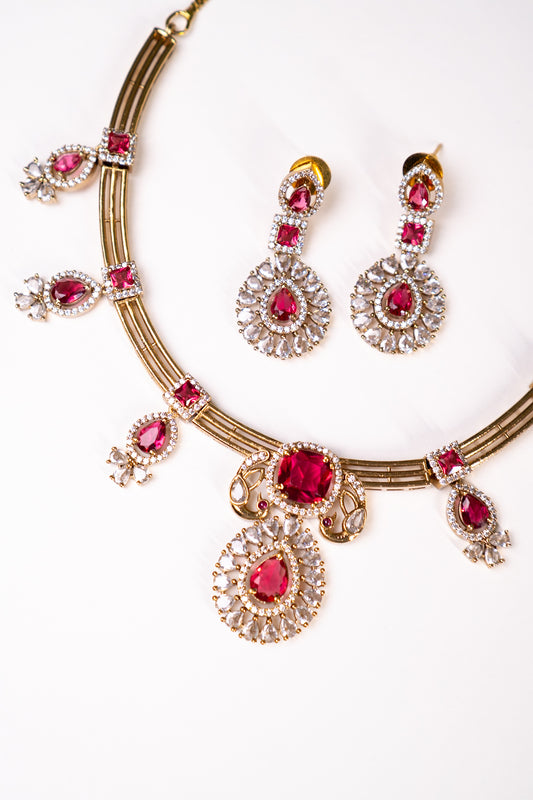 Red Stone Gold Plated Hasli Necklace with Earrings