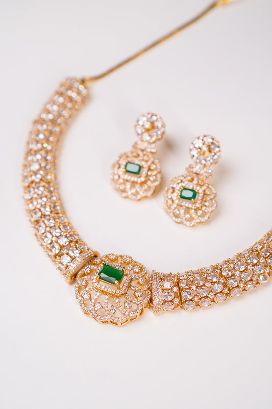 Green Emarald 18KT Gold Plated Hasli Necklace with Earrings