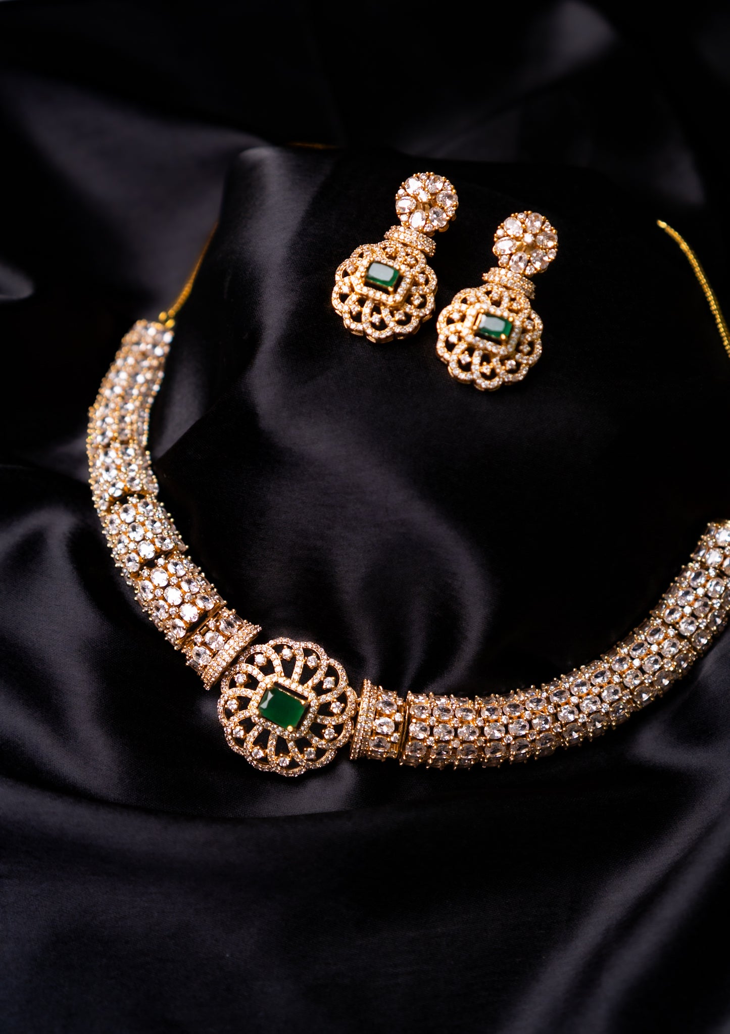 Green Emarald 18KT Gold Plated Hasli Necklace with Earrings