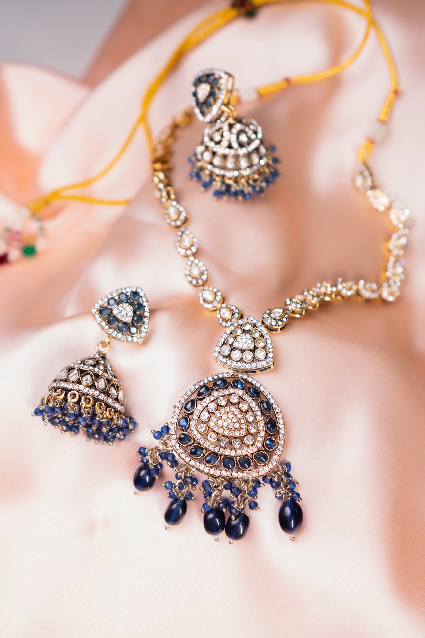 Royal Blue Kundan Polki Long Necklace with Jhumka