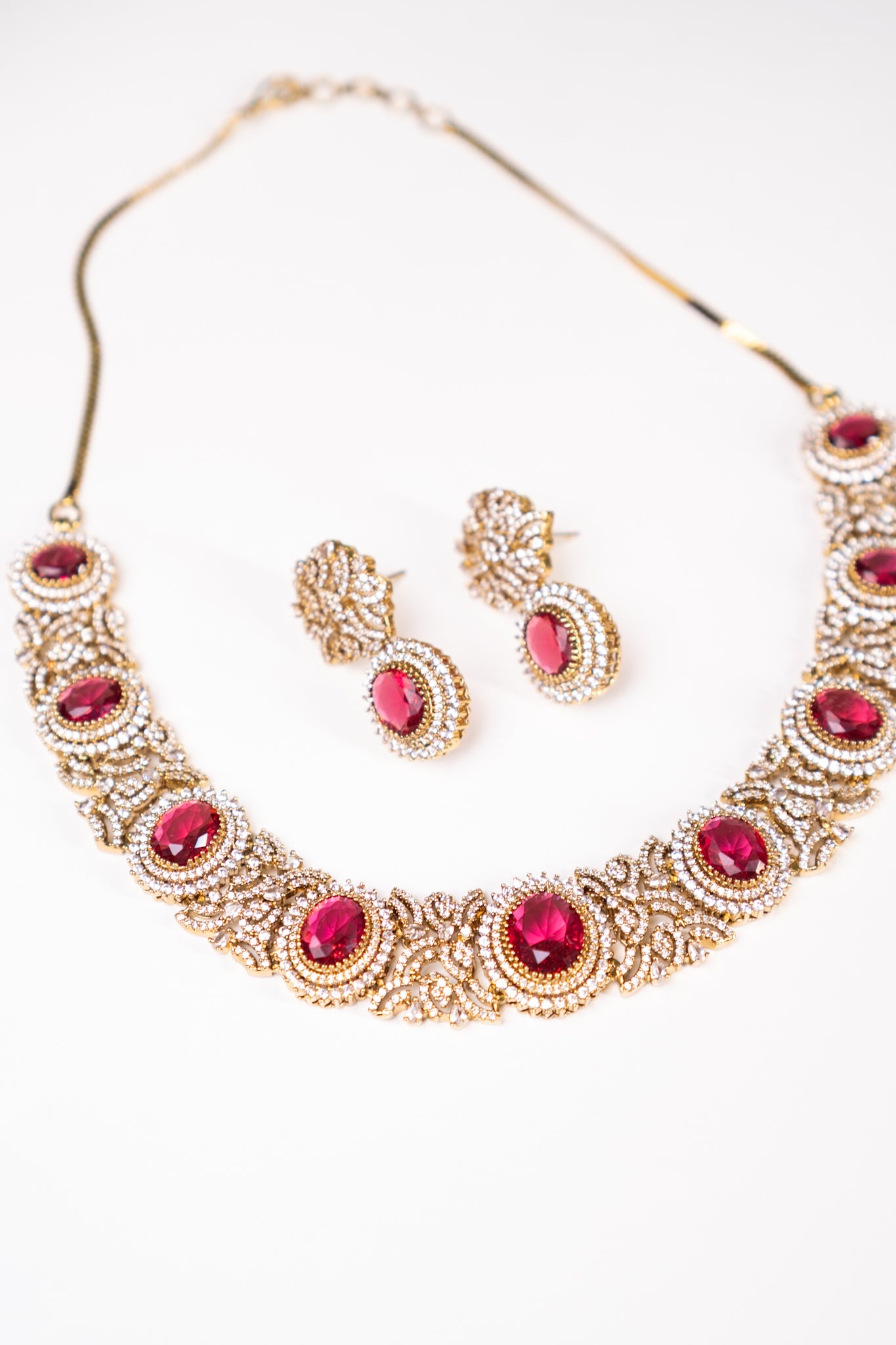 Gold Plated Ruby Stone Riviera Necklace with Earrings