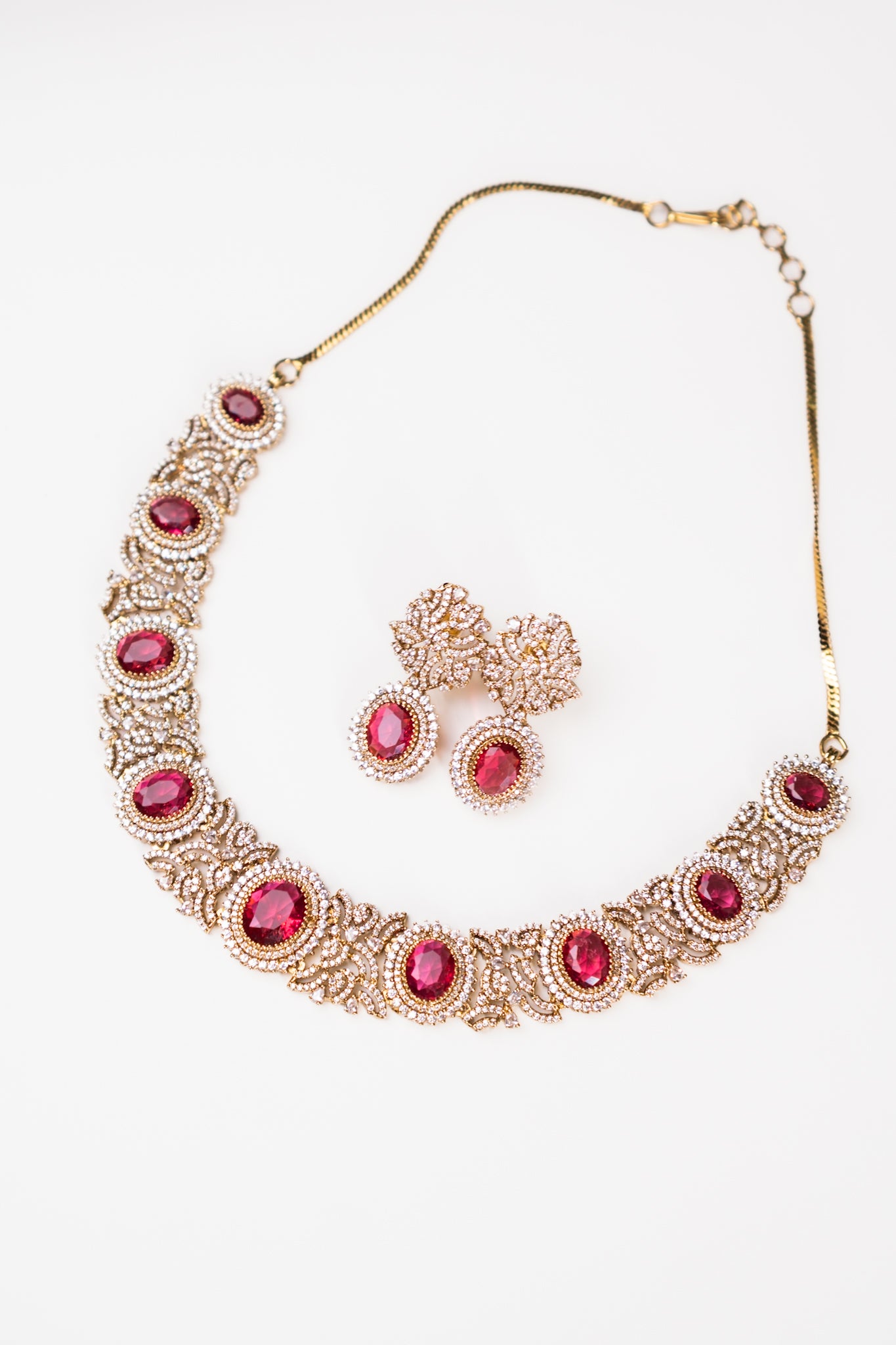 Gold Plated Ruby Stone Riviera Necklace with Earrings