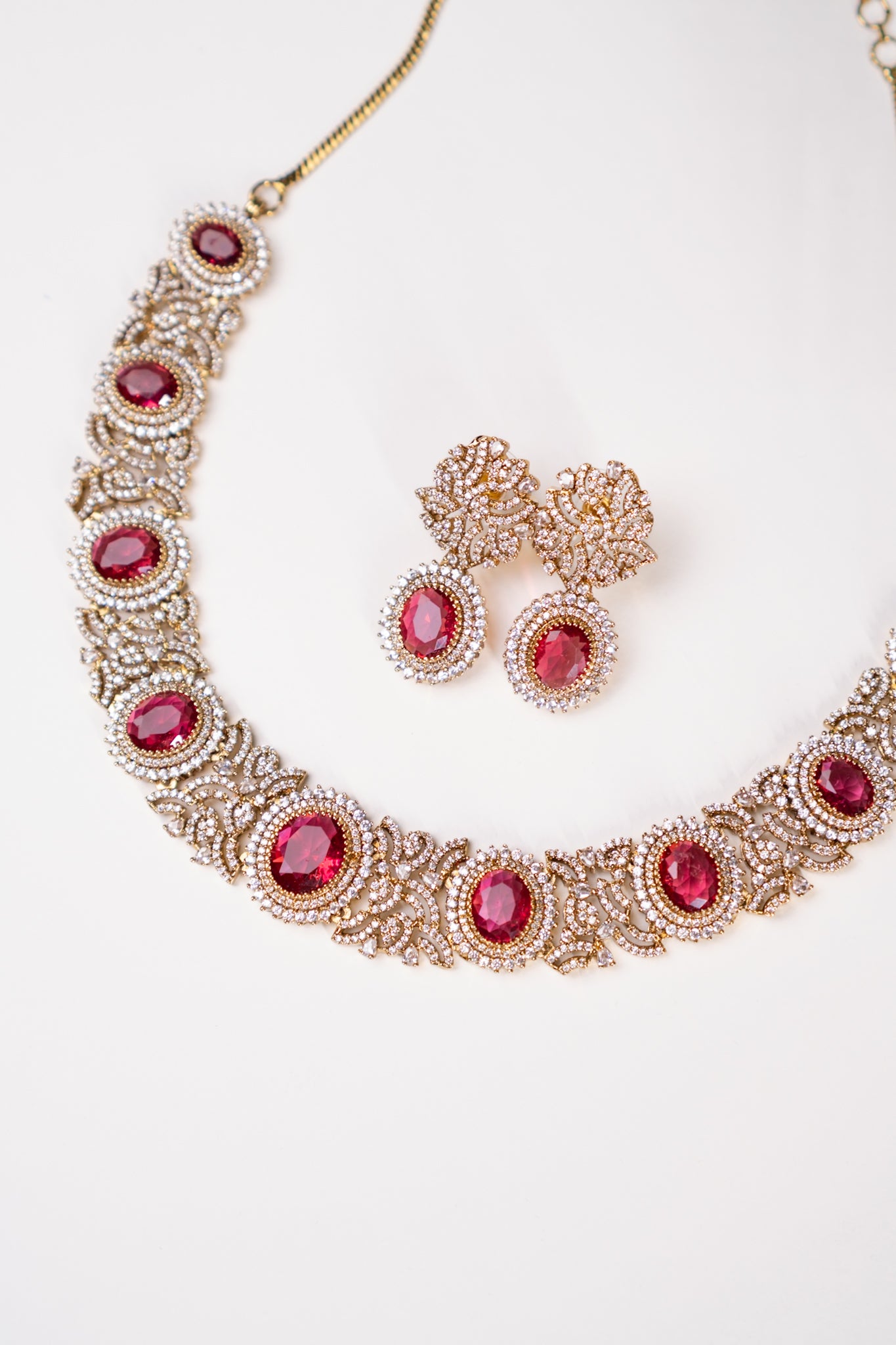 Gold Plated Ruby Stone Riviera Necklace with Earrings