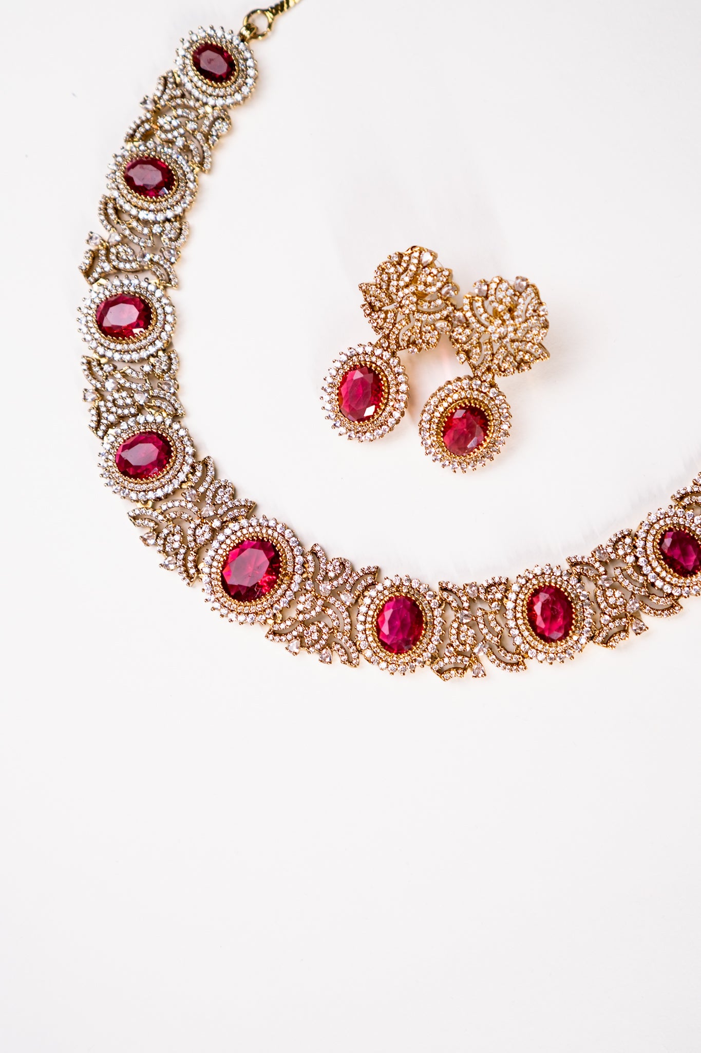 Gold Plated Ruby Stone Riviera Necklace with Earrings