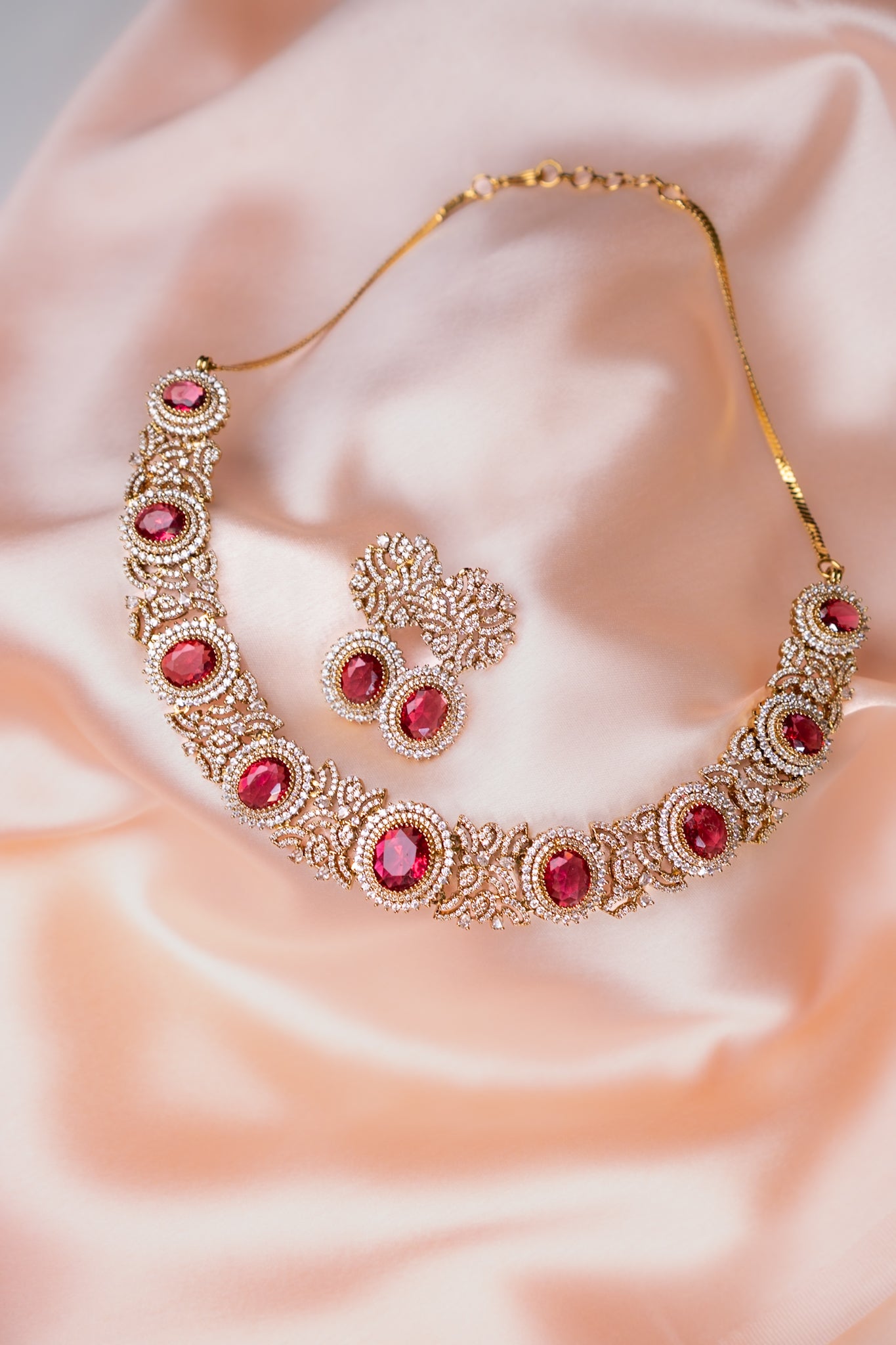 Gold Plated Ruby Stone Riviera Necklace with Earrings