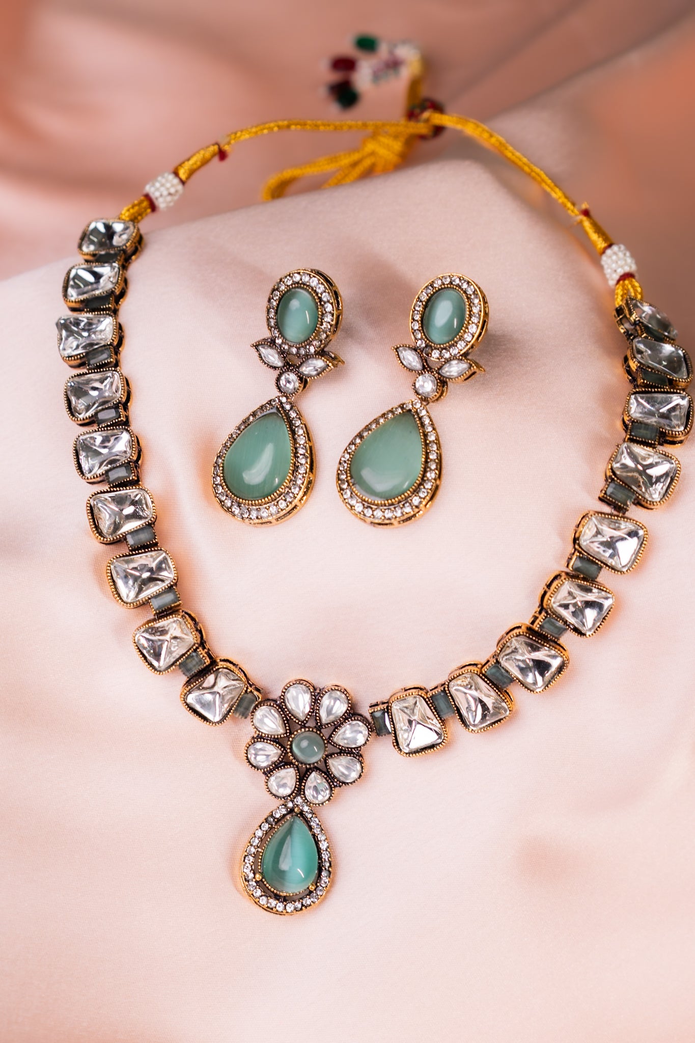 Aqua Mint Stone and Kundan Polki Necklace with Earrings