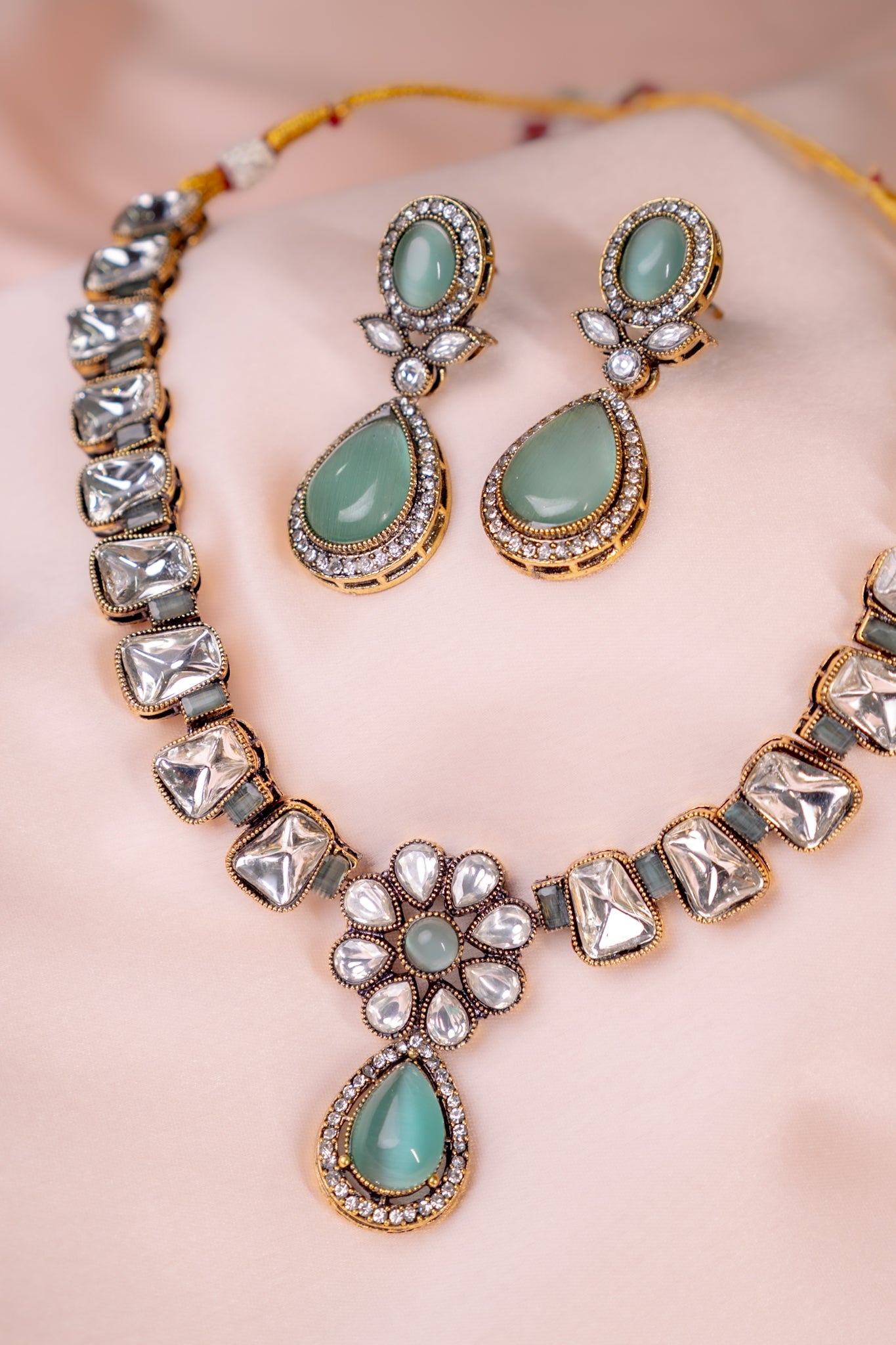 Aqua Mint Stone and Kundan Polki Necklace with Earrings