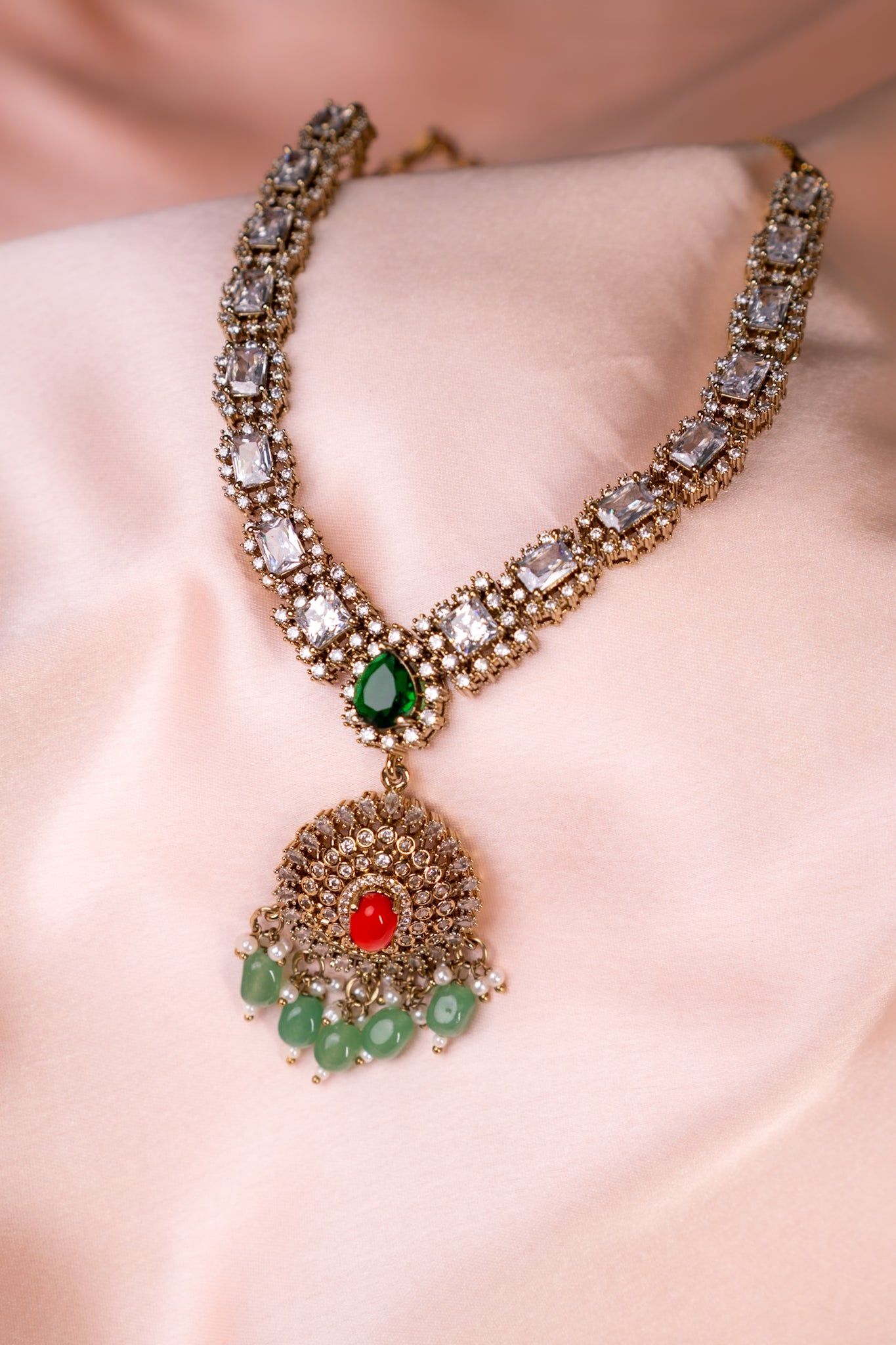 Indian Coral Stone Necklace Set with Jhumka Earrings