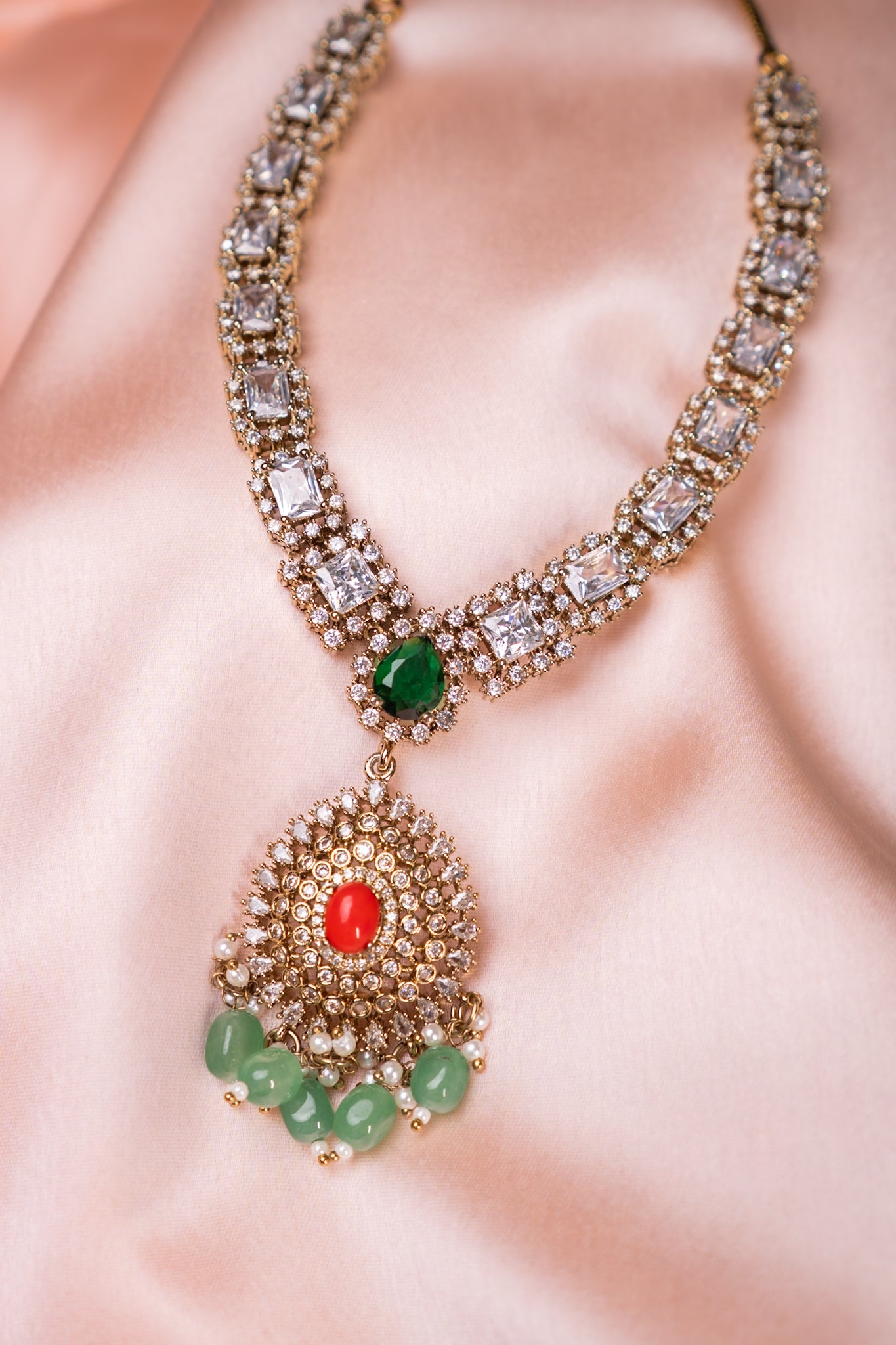 Indian Coral Stone Necklace Set with Jhumka Earrings