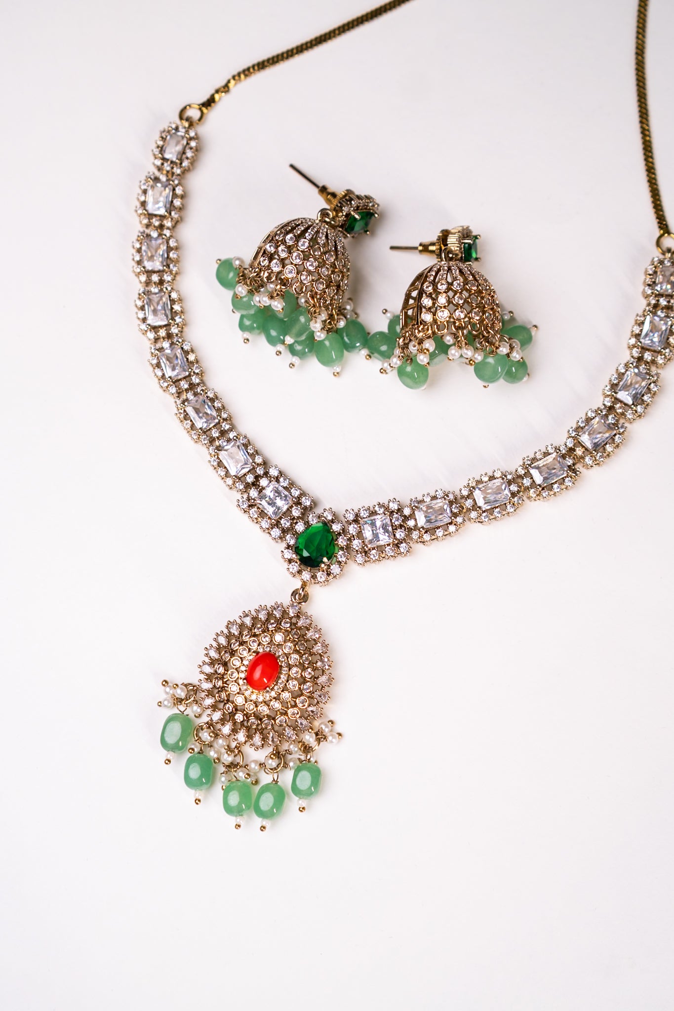 Indian Coral Stone Necklace Set with Jhumka Earrings