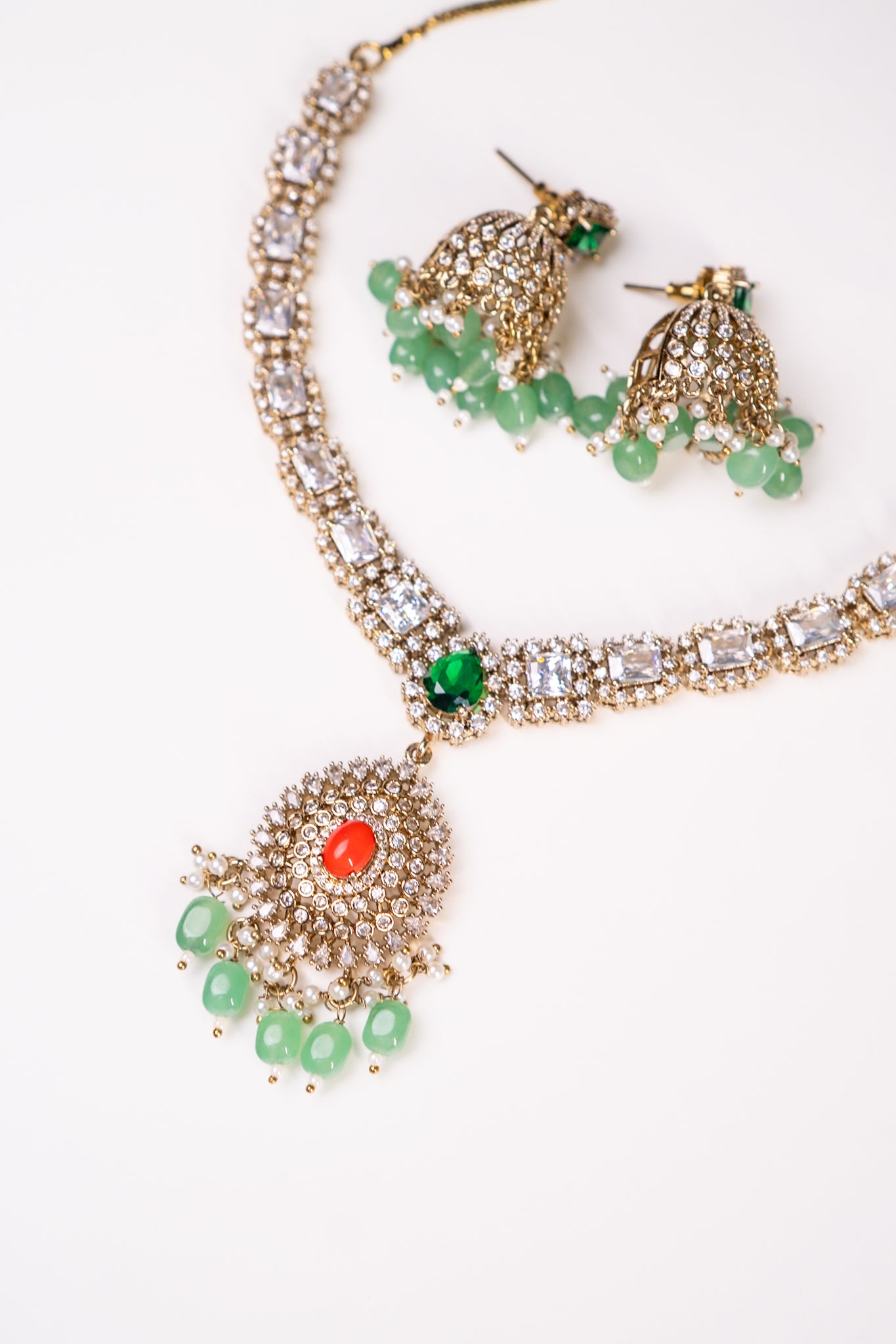 Indian Coral Stone Necklace Set with Jhumka Earrings
