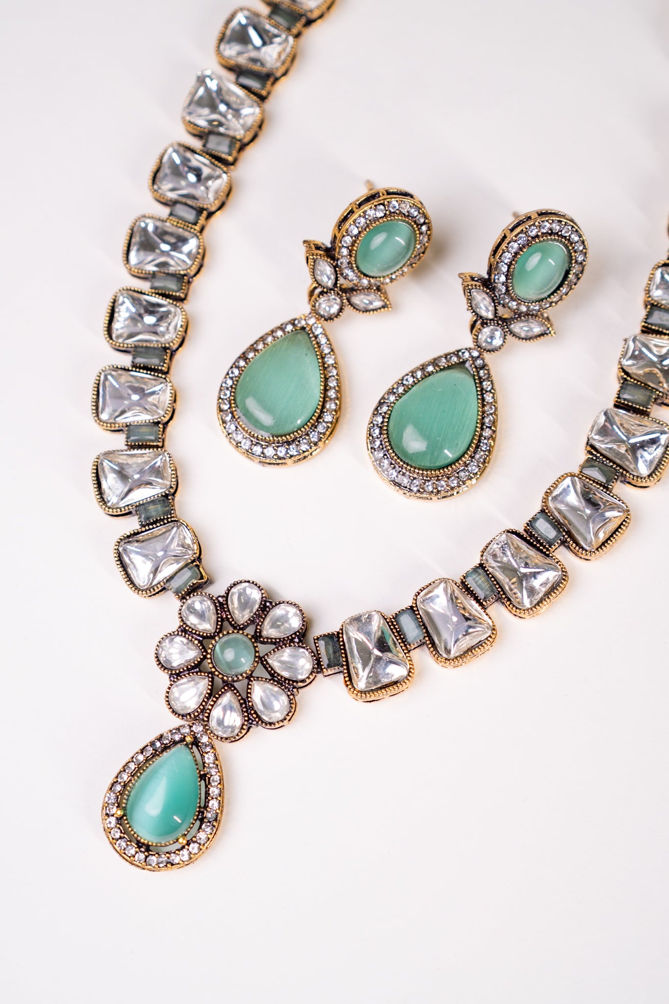 Aqua Mint Stone and Kundan Polki Necklace with Earrings