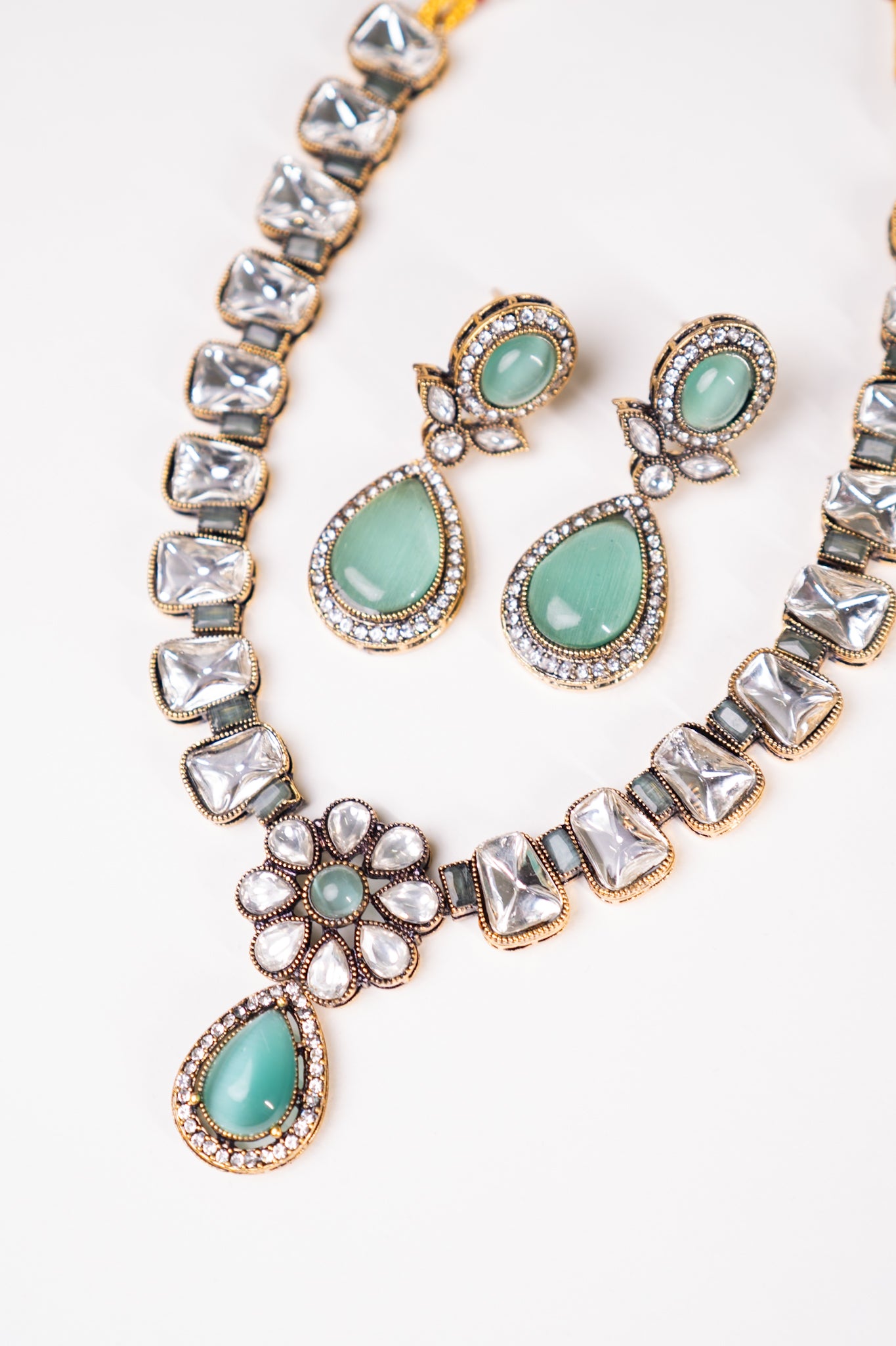Aqua Mint Stone and Kundan Polki Necklace with Earrings