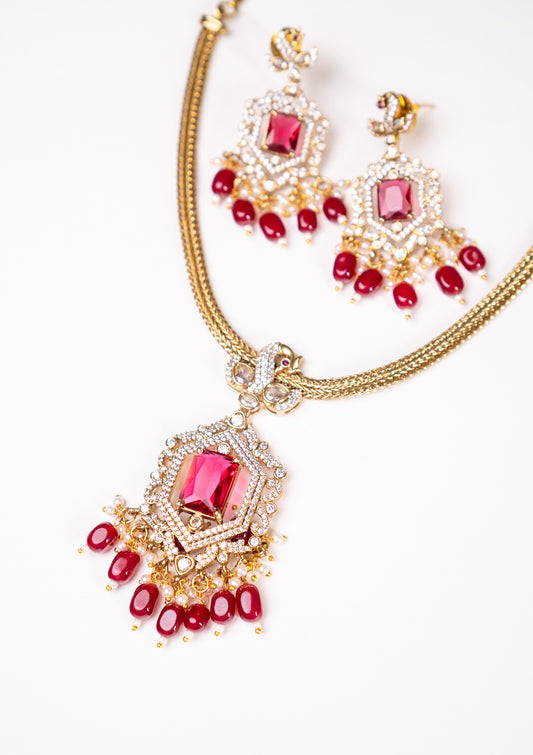 Red Stone Short Necklace with Dangler Earrings