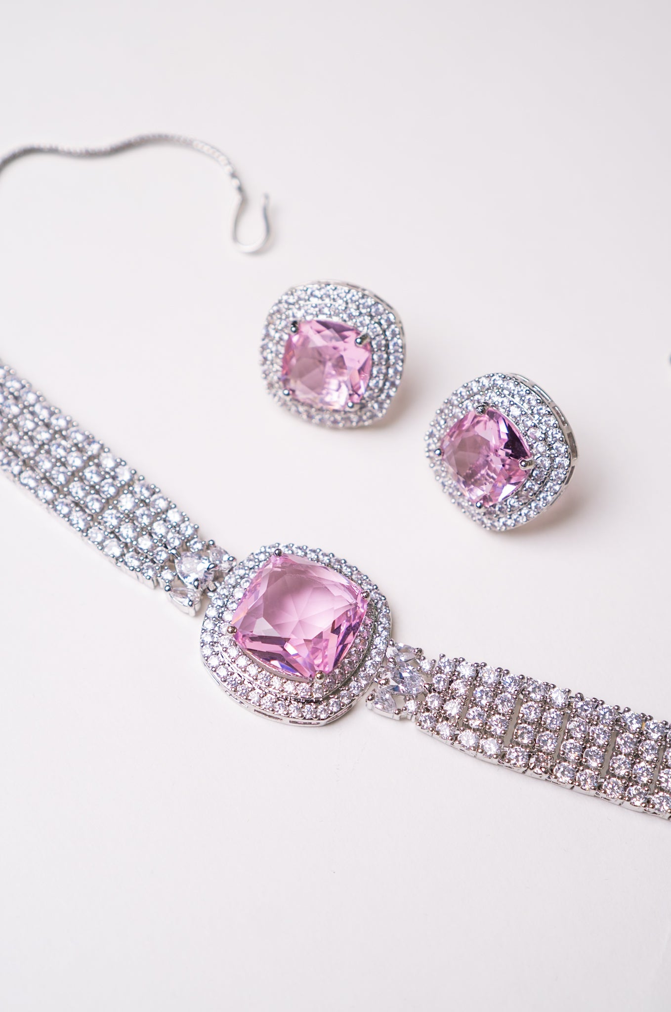 Pink Sapphire and CZ Choker with Stud Earrings