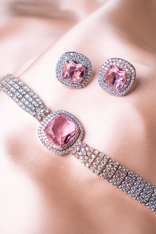 Pink Sapphire and CZ Choker with Stud Earrings