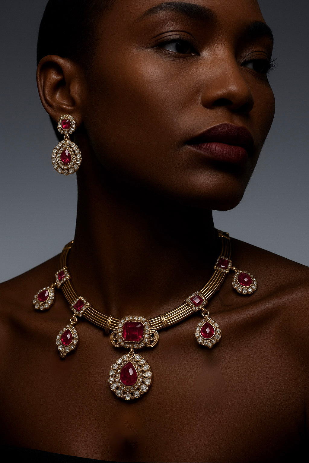 Red Stone Gold Plated Hasli Necklace with Earrings