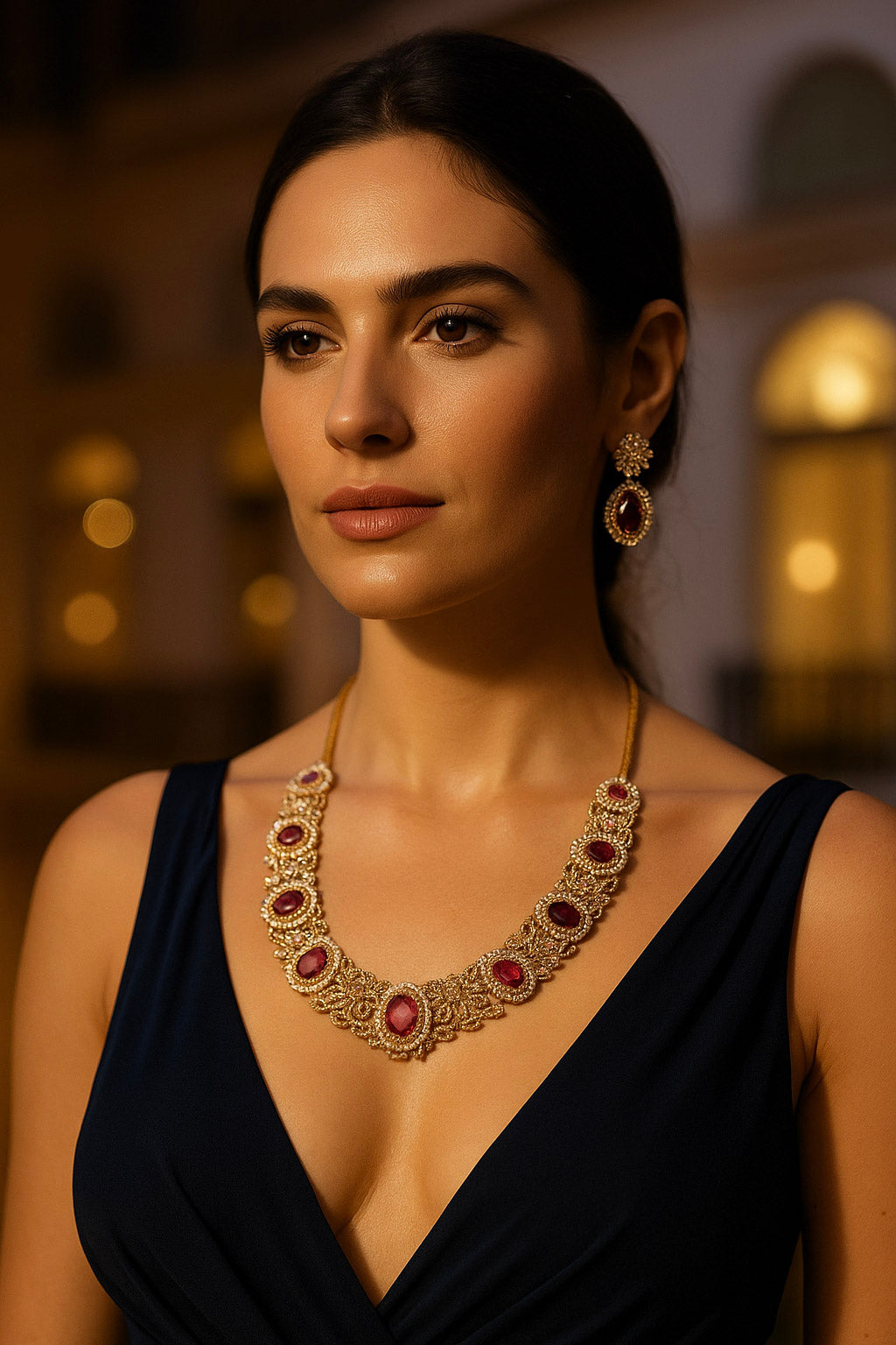 Gold Plated Ruby Stone Riviera Necklace with Earrings