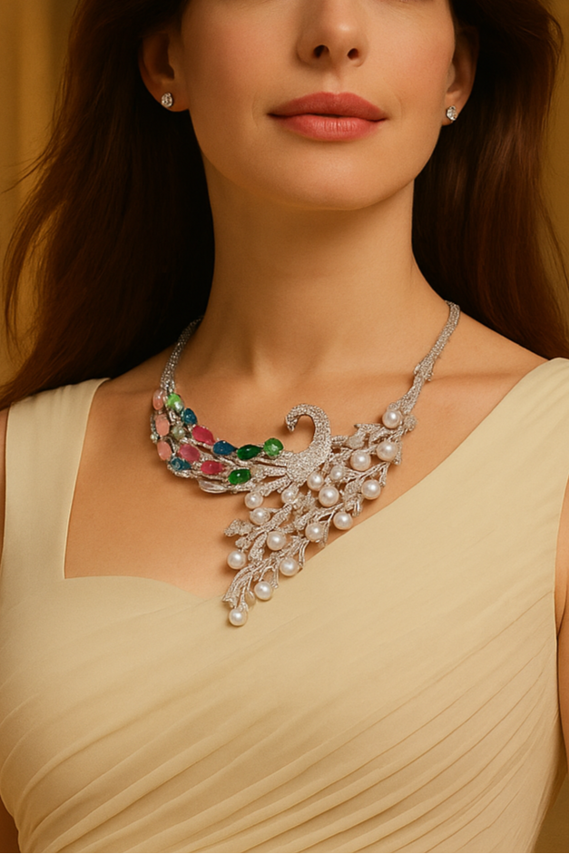 Peacock Studded with Multicolor Crystals and American Diamonds Zirconia Designer Necklace