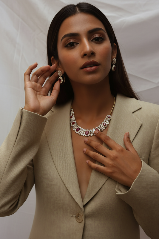Gold Plated Ruby Stone Riviera Necklace with Earrings