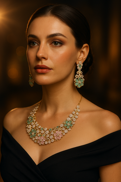 Italian Floral Riviera Necklace Multi-color with long Earrings