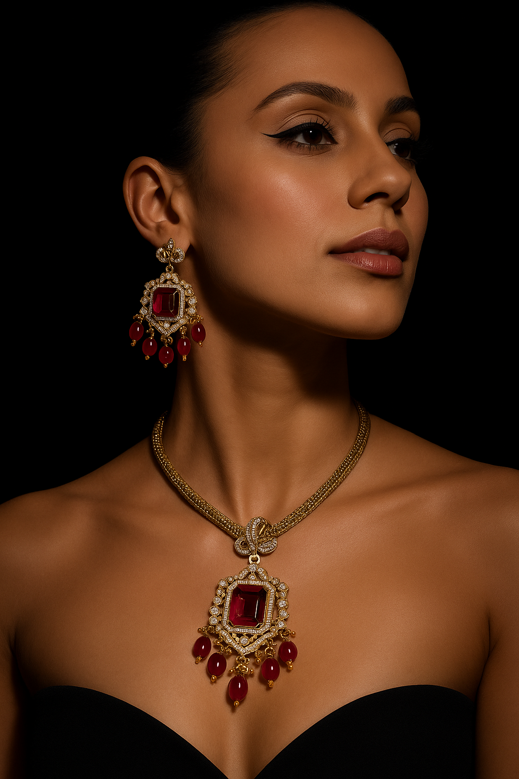 Red Stone Short Necklace with Dangler Earrings