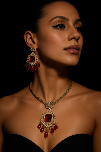 Red Stone Short Necklace with Dangler Earrings