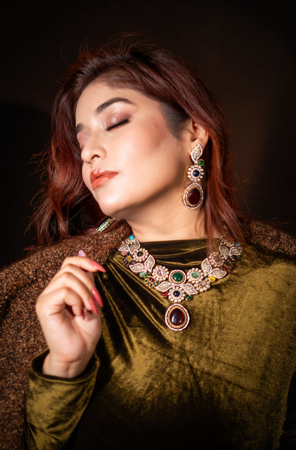 Mexican Navratan Multi-Color Natural Gemstones Floral Designer Necklace
