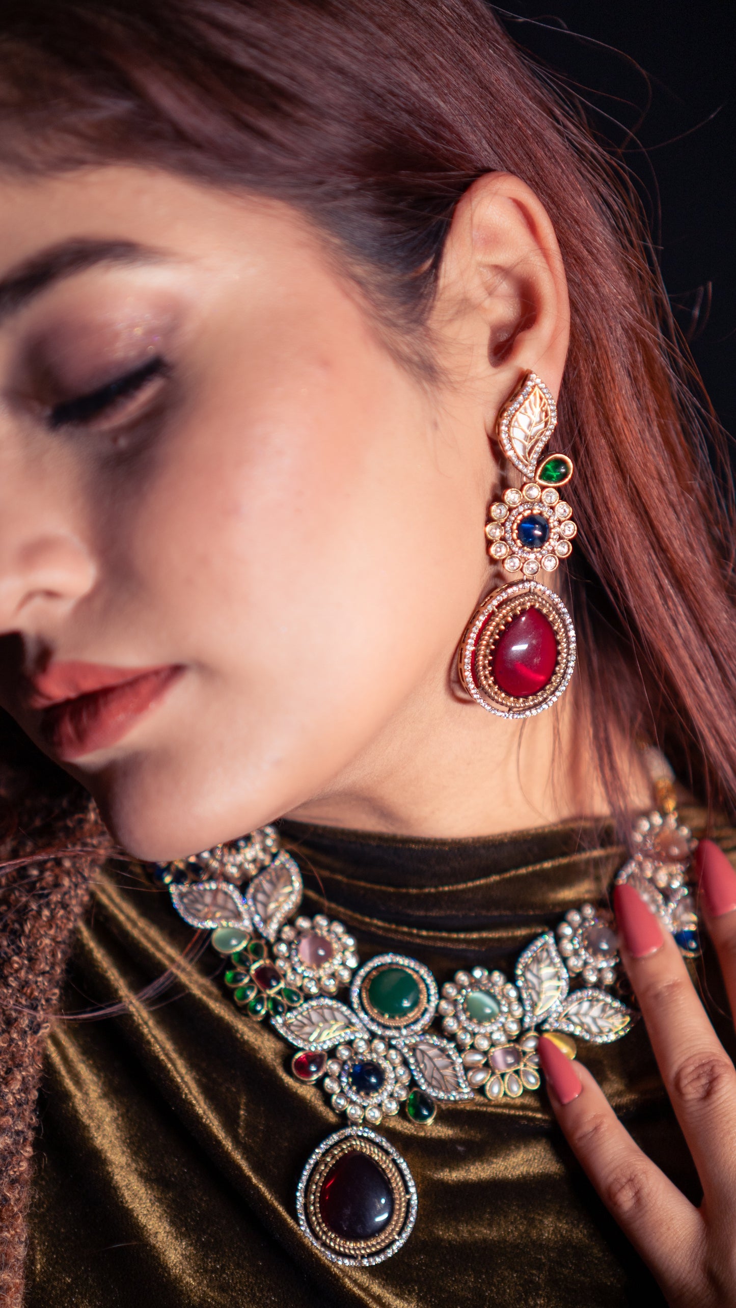 Mexican Navratan Multi-Color Natural Gemstones Floral Designer Necklace