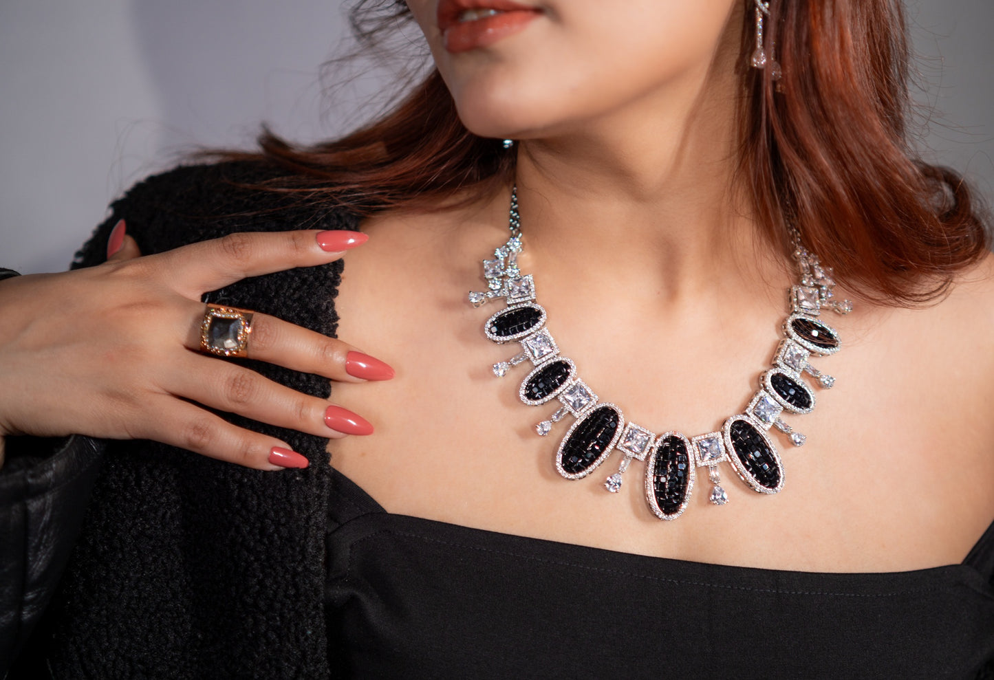 Black American Diamonds Zirconia and Rhinestone Designer Necklace
