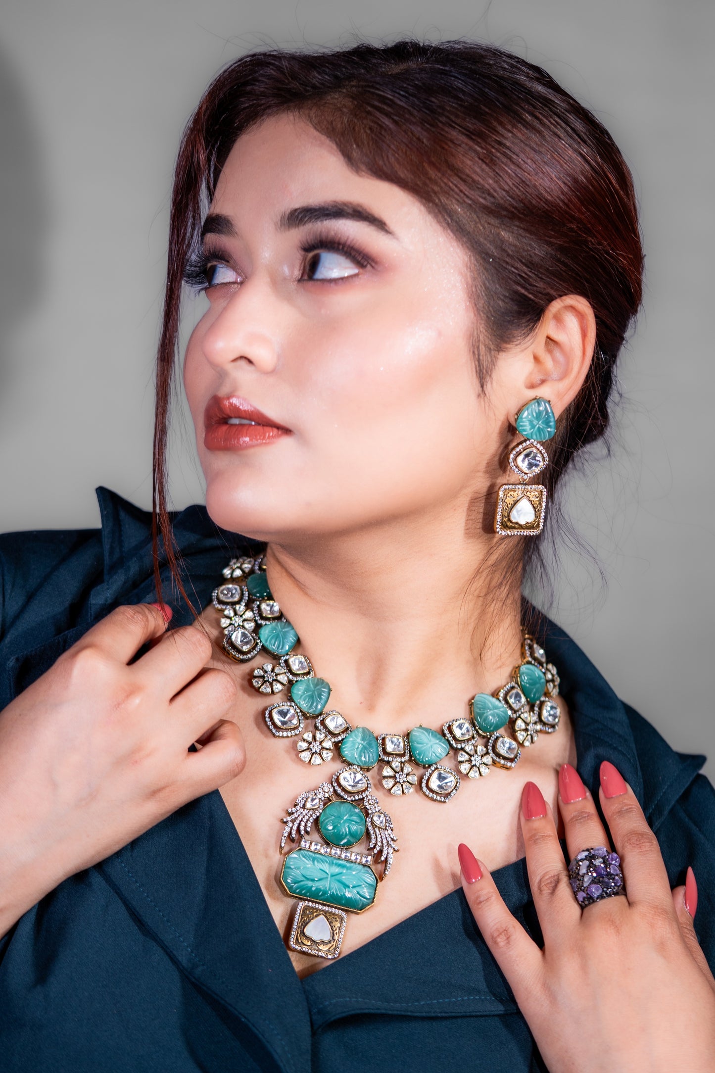 Turkish Carved Tourmaline Turquoise Green Stones with Uncut Polki Moissanite and American Diamonds Zirconia Designer Necklace