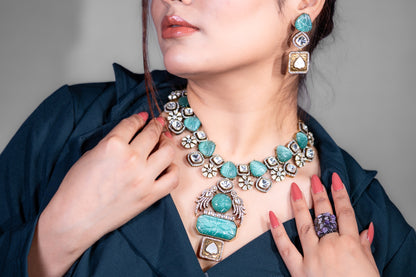 Turkish Carved Tourmaline Turquoise Green Stones with Uncut Polki Moissanite and American Diamonds Zirconia Designer Necklace