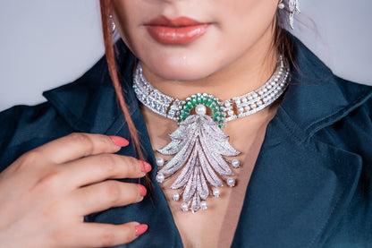Emerald Green and White American Diamonds Zirconia with Real Pearl Designer 3D Necklace