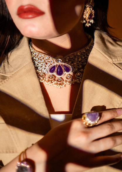 Purple Stone and Moissanite Kundan Choker Necklace