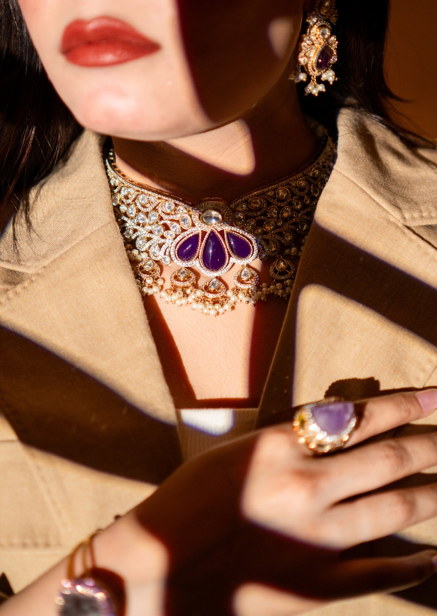 Purple Stone and Moissanite Kundan Choker Necklace