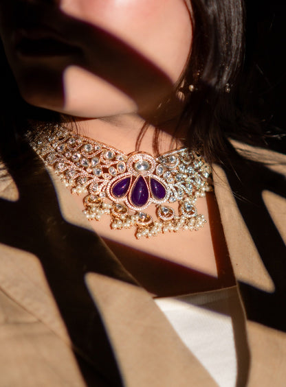 Purple Stone and Moissanite Kundan Choker Necklace