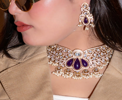 Purple Stone and Moissanite Kundan Choker Necklace