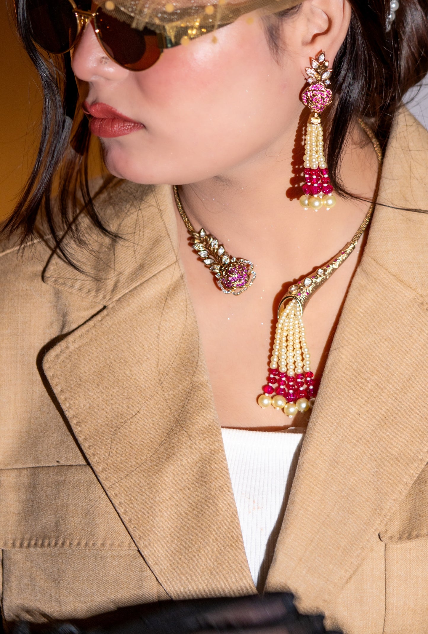 Italian Real Pearls Drop with Moissanite Polki and American Diamonds Zirconia Designer Hasli Necklace (PINK)