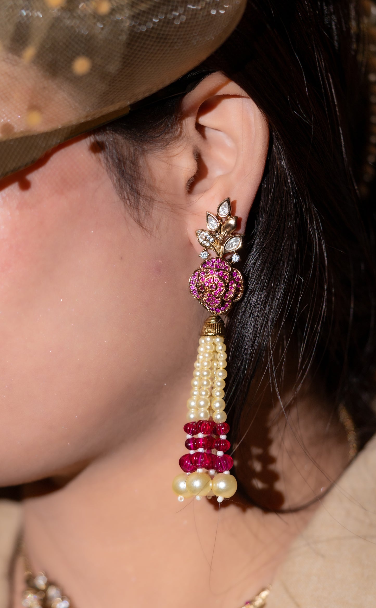 Italian Real Pearls Drop with Moissanite Polki and American Diamonds Zirconia Designer Hasli Necklace (PINK)