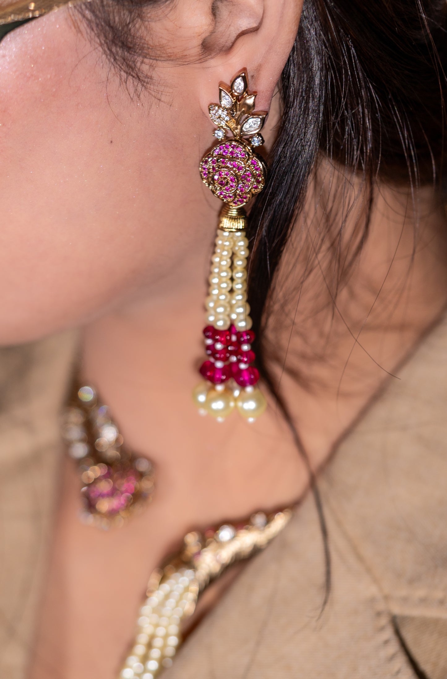 Italian Real Pearls Drop with Moissanite Polki and American Diamonds Zirconia Designer Hasli Necklace (PINK)