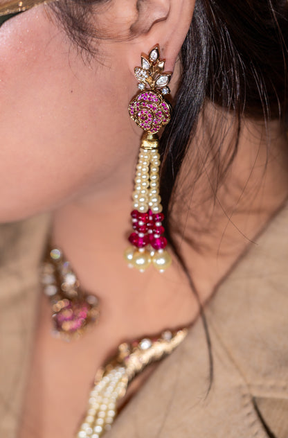 Italian Real Pearls Drop with Moissanite Polki and American Diamonds Zirconia Designer Hasli Necklace (PINK)
