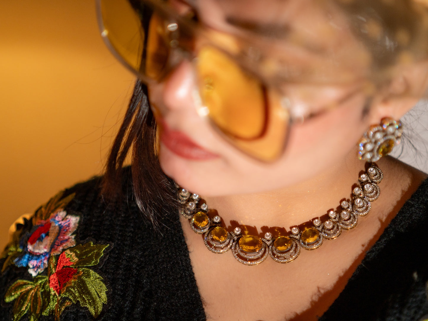 Yellow Sapphire Gemstone with American Diamonds Zirconia Work Necklace