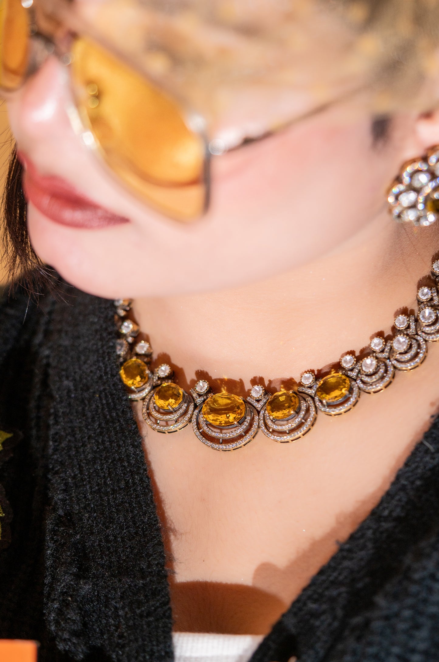Yellow Sapphire Gemstone with American Diamonds Zirconia Work Necklace
