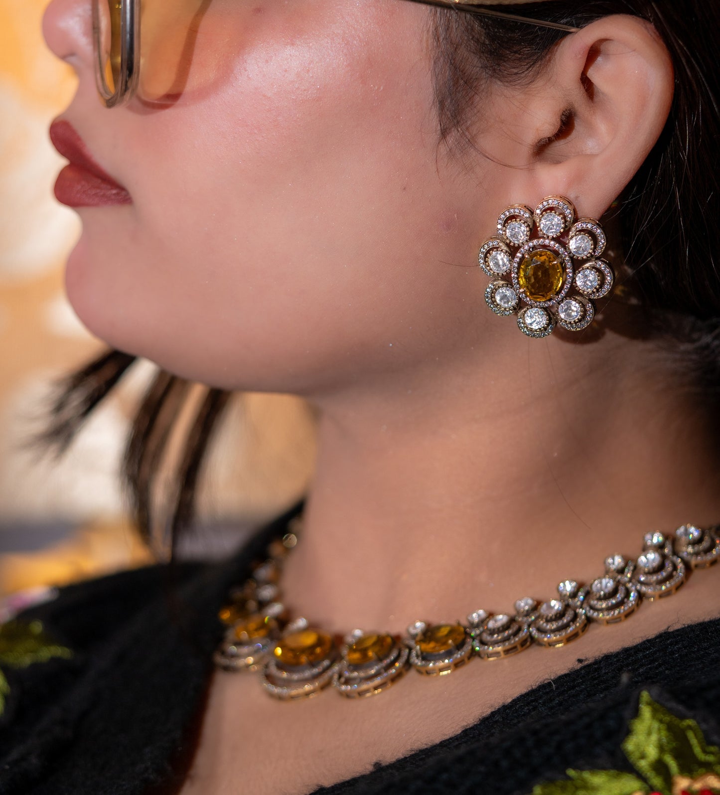 Yellow Sapphire Gemstone with American Diamonds Zirconia Work Necklace