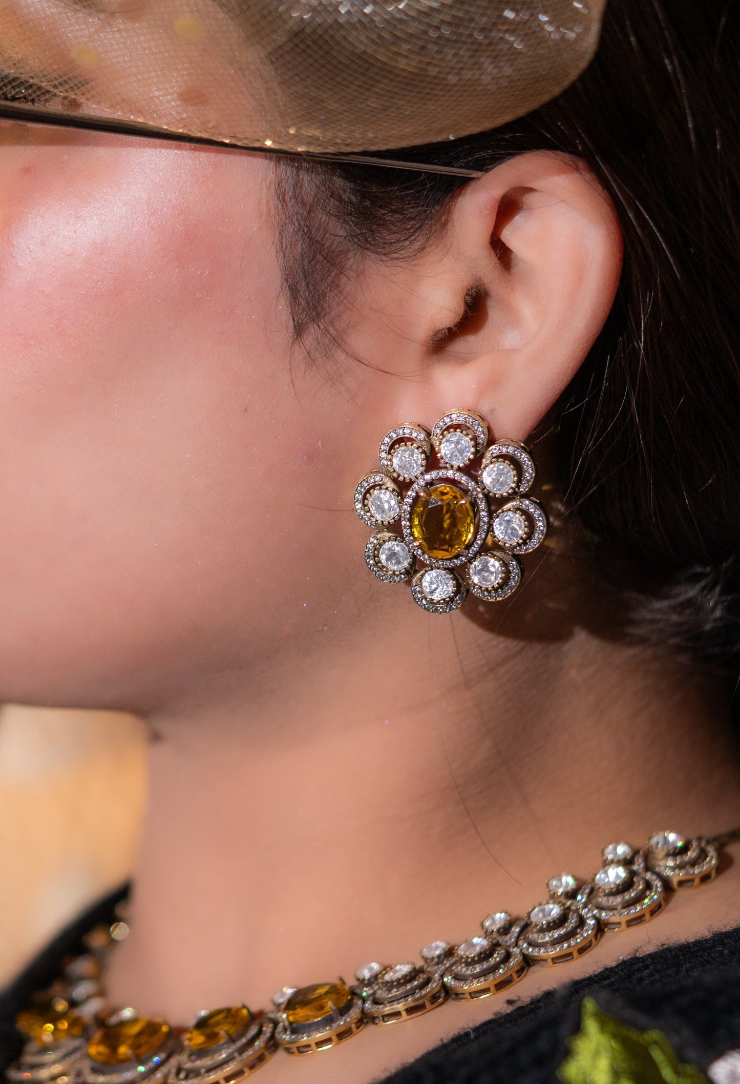 Yellow Sapphire Gemstone with American Diamonds Zirconia Work Necklace