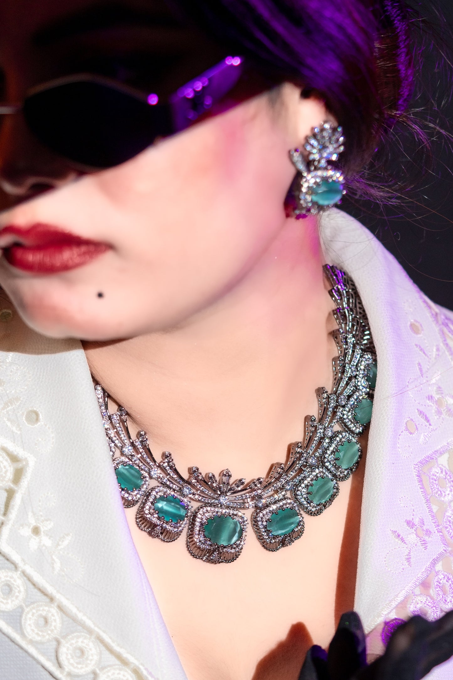 Aqua Mint Green Sapphire and American Diamonds Zirconia with Antique Oxidized Silver Plating Designer Necklace