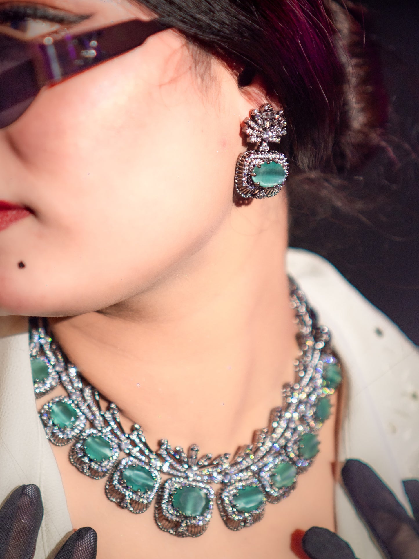 Aqua Mint Green Sapphire and American Diamonds Zirconia with Antique Oxidized Silver Plating Designer Necklace