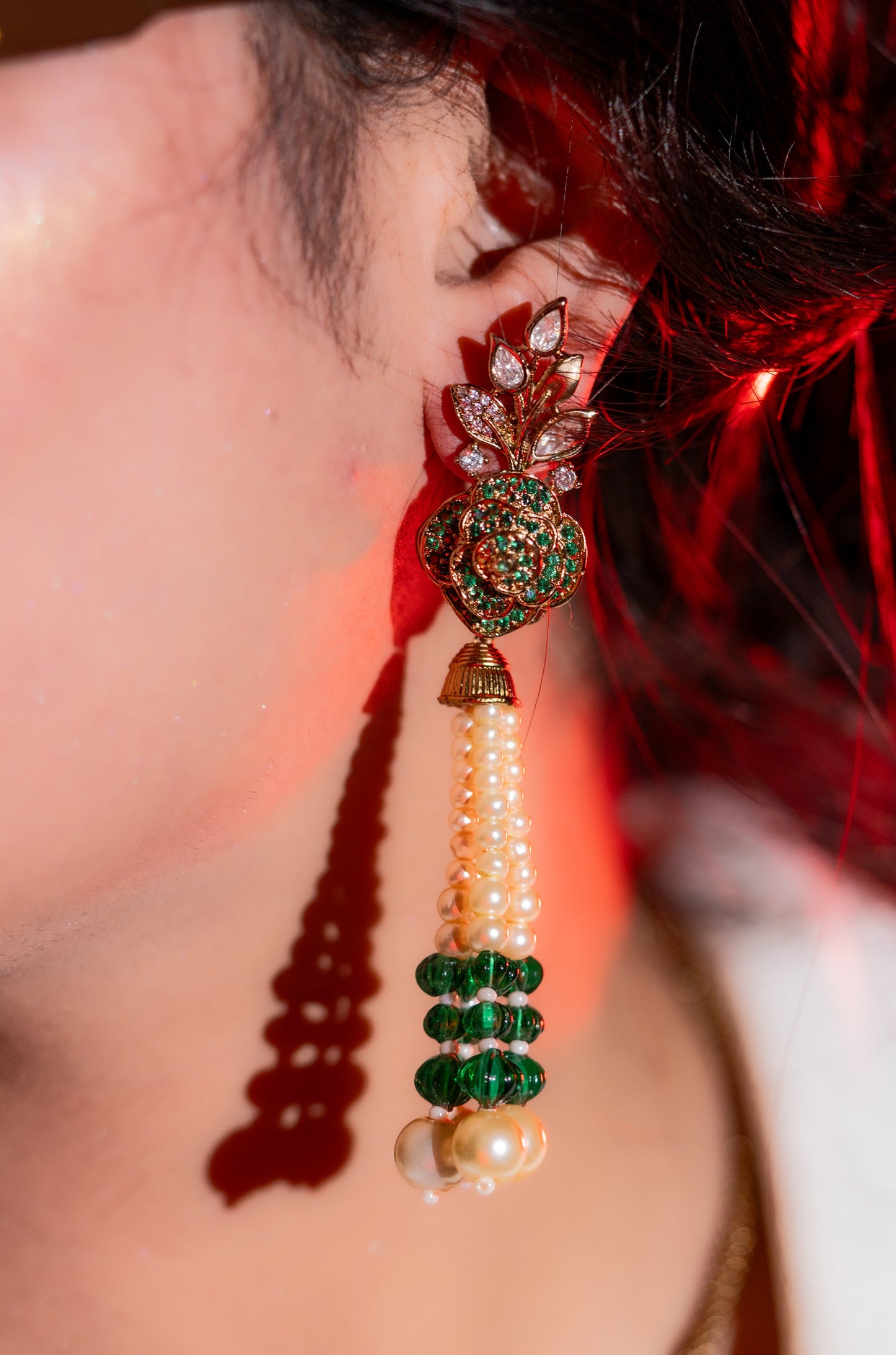 Italian Real Pearls Drop with Moissanite Polki and American Diamonds Zirconia Designer Hasli Necklace (GREEN)