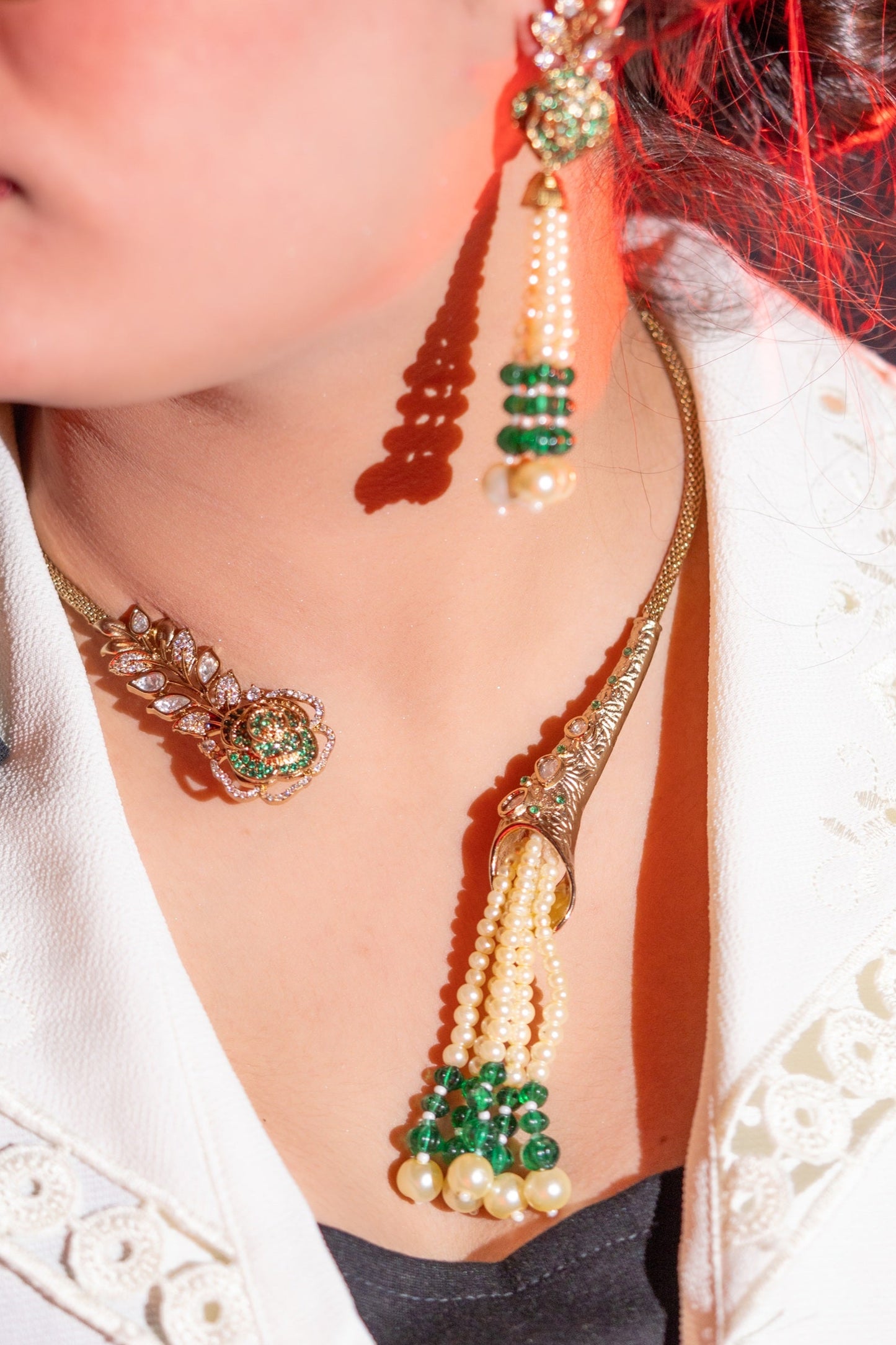 Italian Real Pearls Drop with Moissanite Polki and American Diamonds Zirconia Designer Hasli Necklace (GREEN)